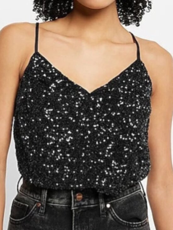 Express Tops - Express Sequin Faux-Wrap Cami Black Bodysuit Women's Size Small